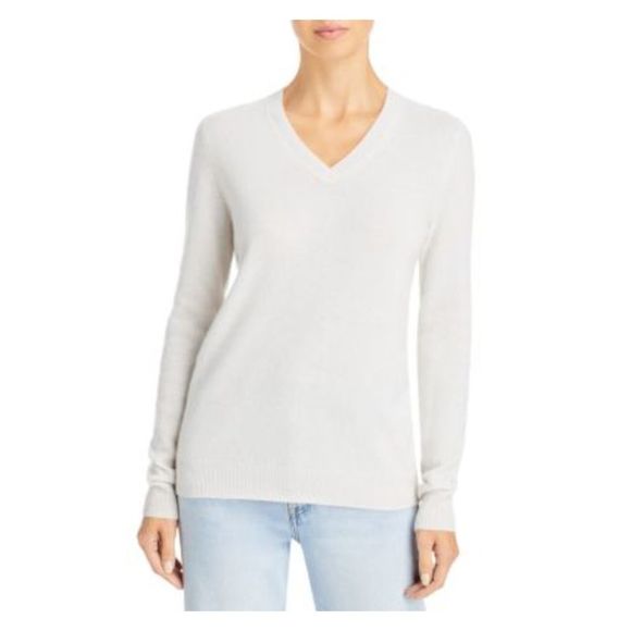 C BLOOMINGDALES Sweaters Designer Brand Womens Ivory Ribbed Long Sleeve V Neck Sweater Xs